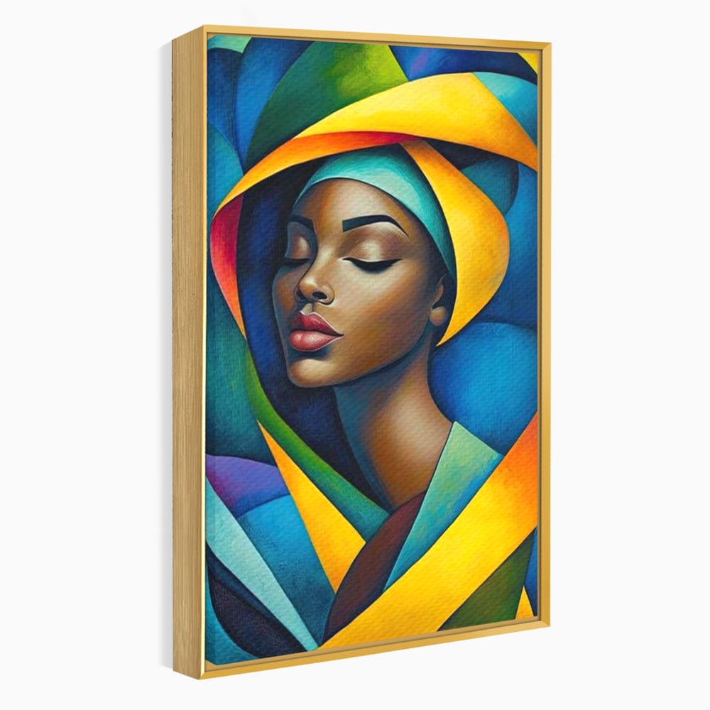 Tablou canvas cu tablou canvas cu portret feminin geometric, in rama de aluminiu auriu